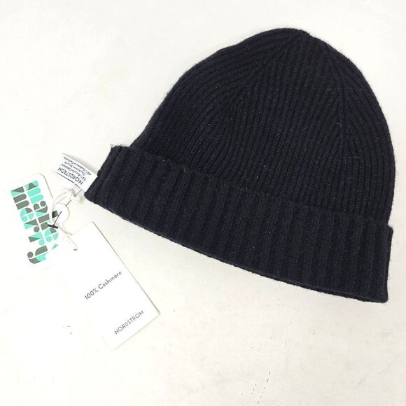NORDSTROM 100% Cashmere Black Ribbed Beanie Cap NWT - Picture 1 of 6